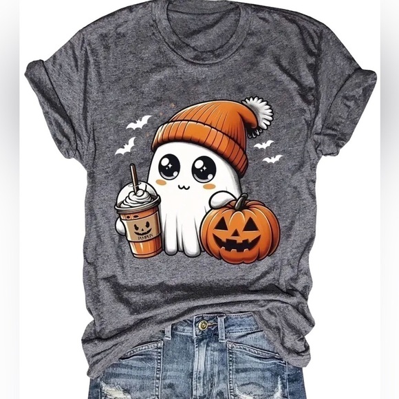 Halloween T-Shirt Women's Gray Ghost/Pumpkin NWT - Picture 1 of 4